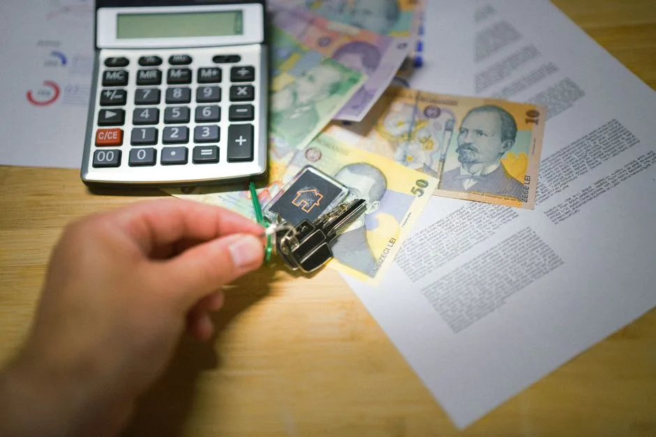 A hand holds keys next to Romanian currency, a calculator, and documents, symbolizing real estate transactions.